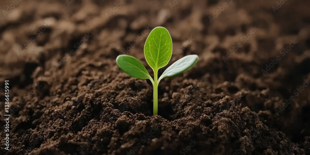 Fototapeta premium A small green sprout emerges from rich brown soil, symbolizing new growth and the start of life.