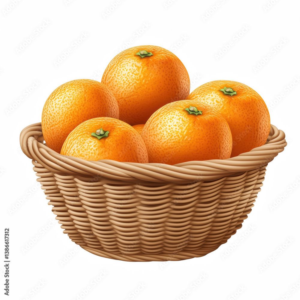 Highly detailed realistic illustration of a wicker basket filled with fresh ripe oranges isolated on transparent background Highly detailed realistic illustration of a wicker basket filled with fresh ripe oranges isolated on transparent background