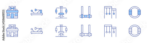 Gym icon set in two styles, Duotone and Thin Line style. Editable stroke. gym, acrobatics, pilates, gymnastic rings