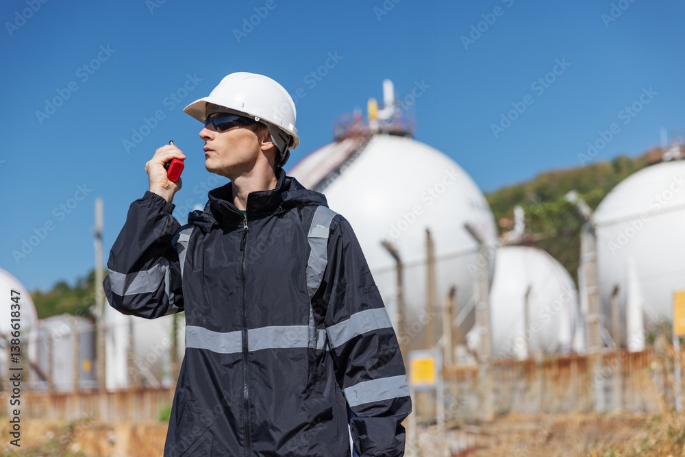 A safety officer in dark protective clothing and a white hard hat uses a walkie-talkie at a gas storage facility. He monitors the site operations near spherical tanks under a clear blue sky. A safety officer in dark protective clothing and a white hard hat uses a walkie-talkie at a gas storage facility. He monitors the site operations near spherical tanks under a clear blue sky.