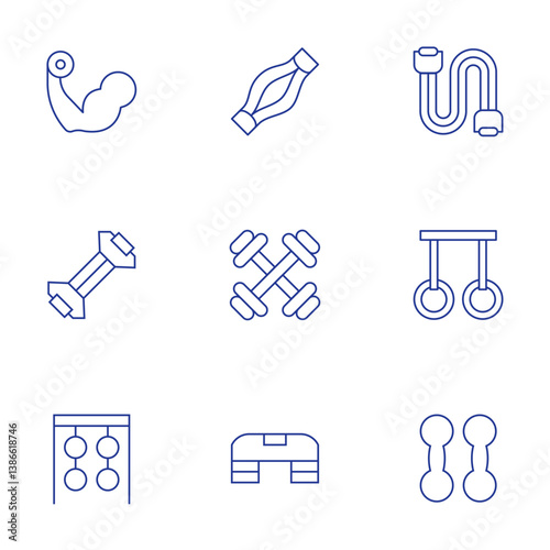 Gym icons set. Thin Line style, editable stroke. chest expander, gymnastic rings, bands, muscle, strong, dumbbells, rings, step