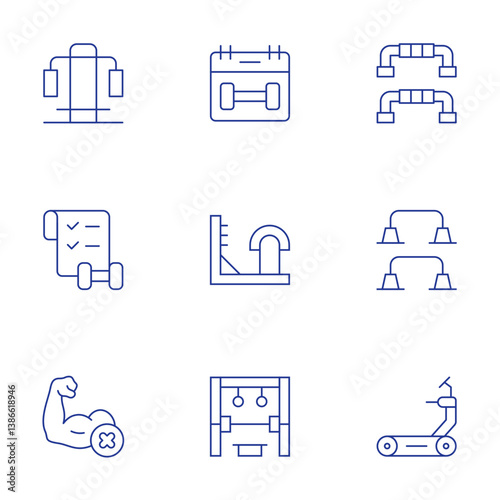 Gym icons set. Thin Line style, editable stroke. push up bar, parallels, treadmill, gym, wall bars, home gym, gym equipment, checklist, workout