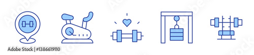 gym, gym station, stationary bike, dumbbell. Gym Icon vector illustration. Line Duotone style. Editable stroke