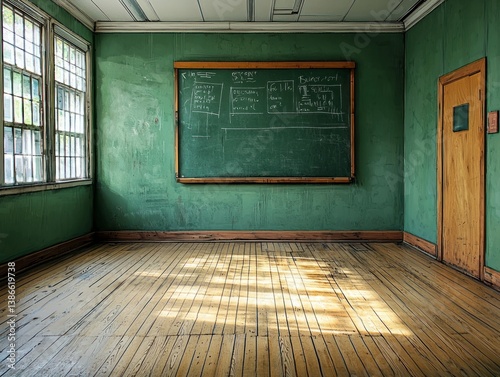Vintage Classroom Interior with Green Walls and Blackboard in Natural Light Showcasing Rustic Educational Atmosphere