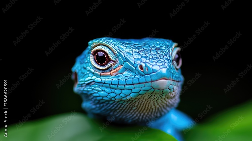 Fototapeta premium A vibrant blue lizard is the focus, its textured skin and large eyes detailed. It sits atop a green leaf against a black background. The image boasts high resolution and sharp focus. Its style is cl
