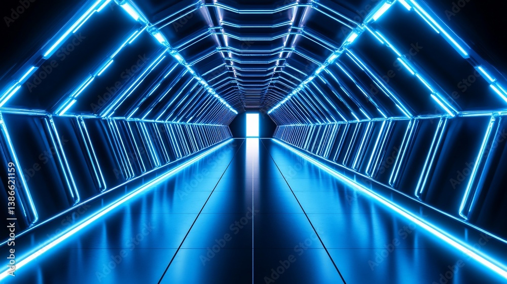 Obraz premium Futuristic tunnel with neon blue light, leading to a bright doorway