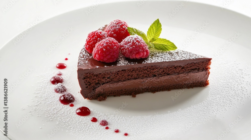 A rich slice of chocolate cake with raspberries on top. Featuring indulgent desserts A rich slice of chocolate cake with raspberries on top. Featuring indulgent desserts