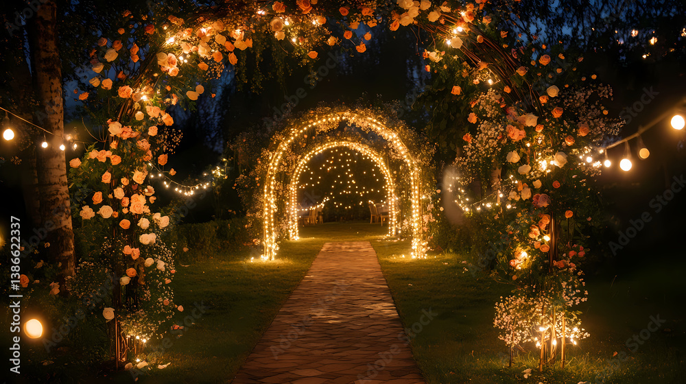 Fototapeta premium Magical Pathway: An enchanting pathway beckons, framed by illuminated floral arches that create a dreamy, romantic ambiance perfect for special event