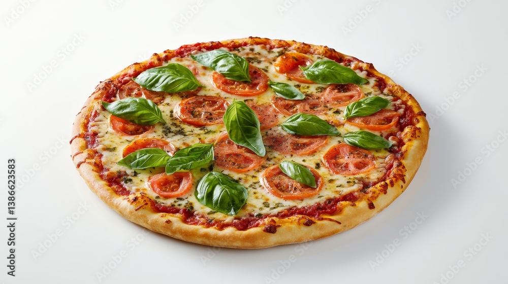 A rustic homemade pizza with fresh basil, mozzarella, and tomato. Featuring Italian cuisine A rustic homemade pizza with fresh basil, mozzarella, and tomato. Featuring Italian cuisine