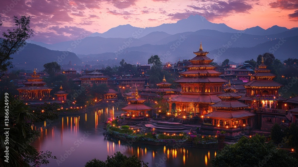 Obraz premium Serene Sunset Over Traditional Temple Architecture by Calm Waters