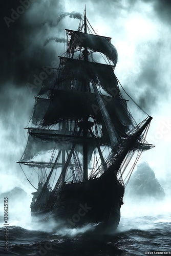 Dark ship, stormy sea, fantasy art