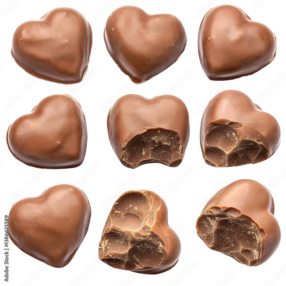 Obraz premium An adorable arrangement of chocolate hearts perfect for celebrations, gifts, or sweet treats on a vibrant background isolated on transparent background..