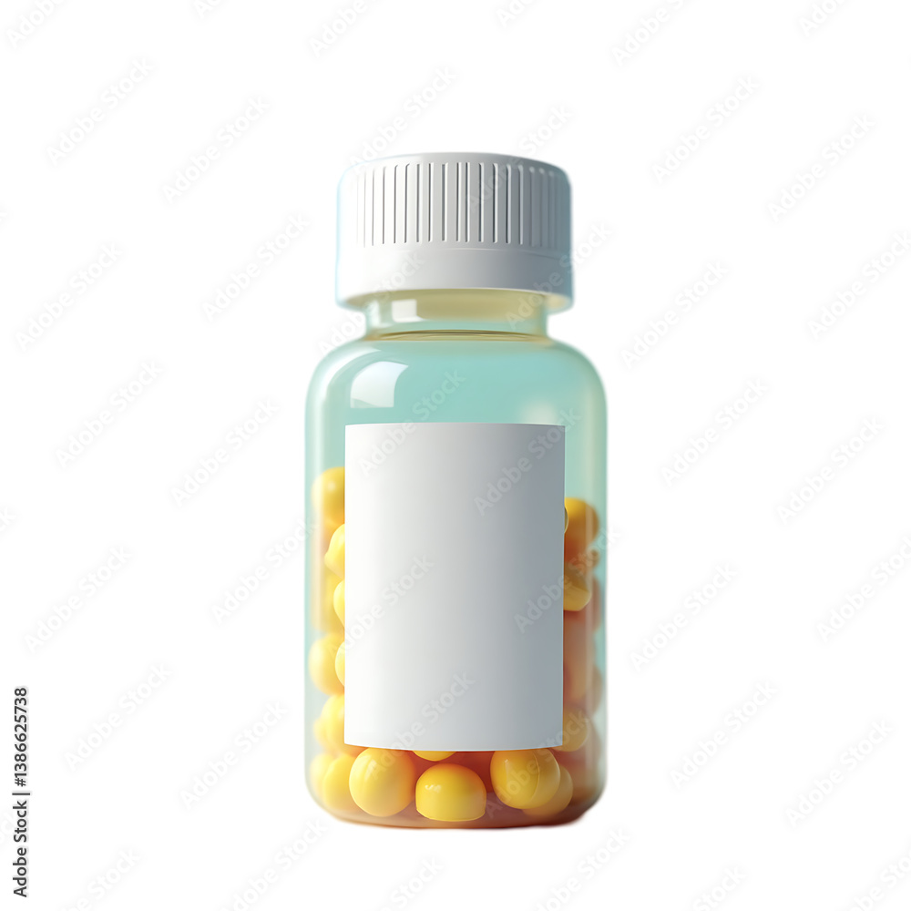 Fototapeta premium Yellow Pills in Clear Prescription Container with Modern Pharmacy Automation Label