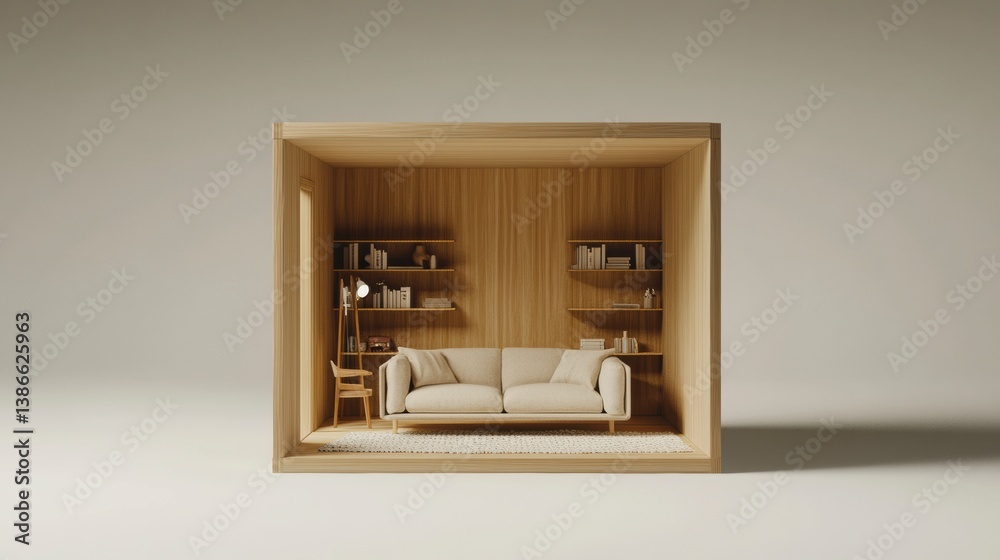 Fototapeta premium Minimalist Beige Sofa in Wooden Cube Room