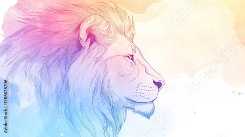 Colorful lion profile, soft lines, and watercolor background