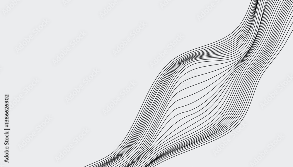 Fototapeta premium Curved grid mesh in motion with white lines on dark backdrop