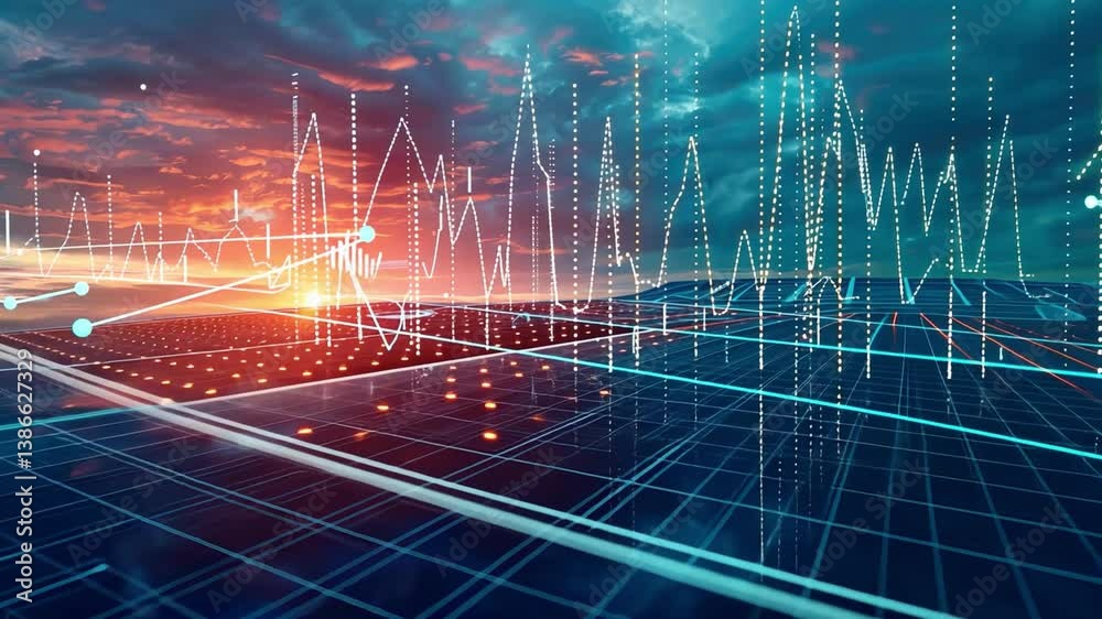 Vibrant digital landscape of glowing graphs and lines at sunset, showcasing data visualization and technology innovation in renewable energy and sustainability.