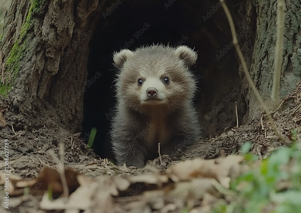 Naklejka premium Cute cub in forest den