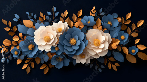 Elegant Blue White Gold Paper Flowers on Dark Background