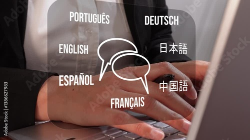 Close-up of a woman working on a laptop with dialog icons and various languages ​​around her. Translation concept.