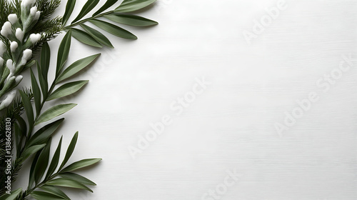 White Wooden Background with Green Leaves and White Flowers Border