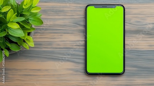 Phone with green screen next to plant on wood