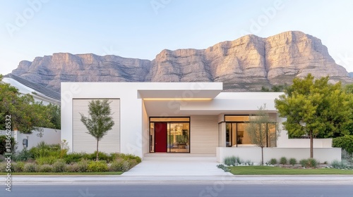 A modern, single-story house with clean lines and a flat roof stands prominently. Landscaped gardens frame the structure, which features a red front door. The backdrop is a dramatic mountain range.