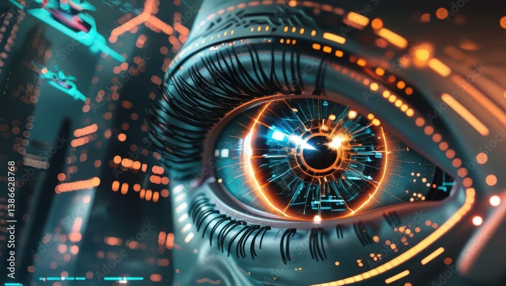 Futuristic Cybernetic Eye Scanning Digital Interface, Showcasing Advanced Technology And Biometric Security Concepts In A High-Tech Background. Futuristic Cybernetic Eye Scanning Digital Interface, Showcasing Advanced Technology And Biometric Security Concepts In A High-Tech Background.