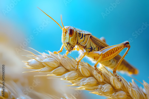 Grasshopper on Wheat: A detailed macro shot of a grasshopper perched atop a golden wheat stalk, its intricate features and vibrant colors showcased against a backdrop of soft, ethereal hues.