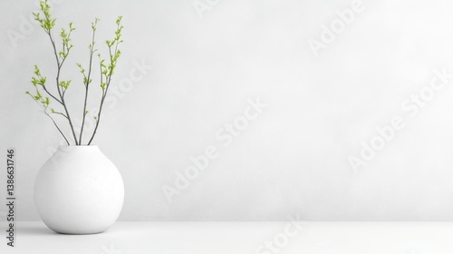 Minimalist vase with spring branches on a light background