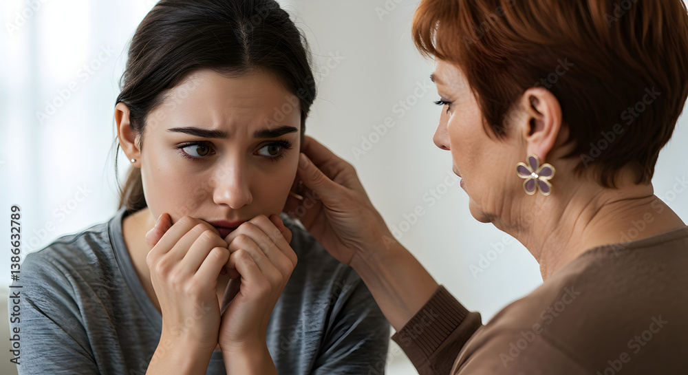 Worried Young Woman Comforted By Her Mother With Gentle Touch In Bright Room Worried Young Woman Comforted By Her Mother With Gentle Touch In Bright Room