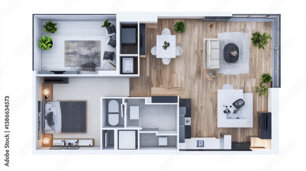 Modern Apartment Floor Plan Top Down View of Spacious Living Area with Hardwood Floors and Marble Kitchen Modern Apartment Floor Plan Top Down View of Spacious Living Area with Hardwood Floors and Marble Kitchen