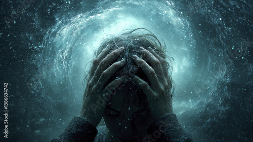 person appears to be overwhelmed, submerged in water, expressing deep emotional turmoil and distress. swirling water creates dramatic atmosphere