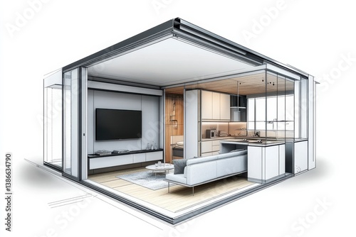 Modern Apartment Interior 3D Cutaway Grey Sofa, Wooden Kitchen, Minimalist Design