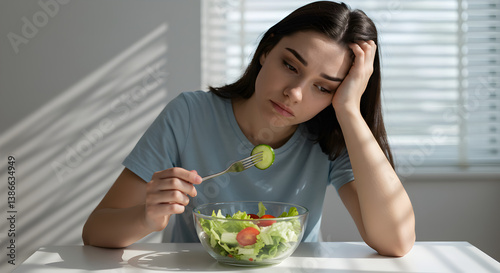 Upset Young Woman with Bowl of Salad in Bright Room with White Table and Windows