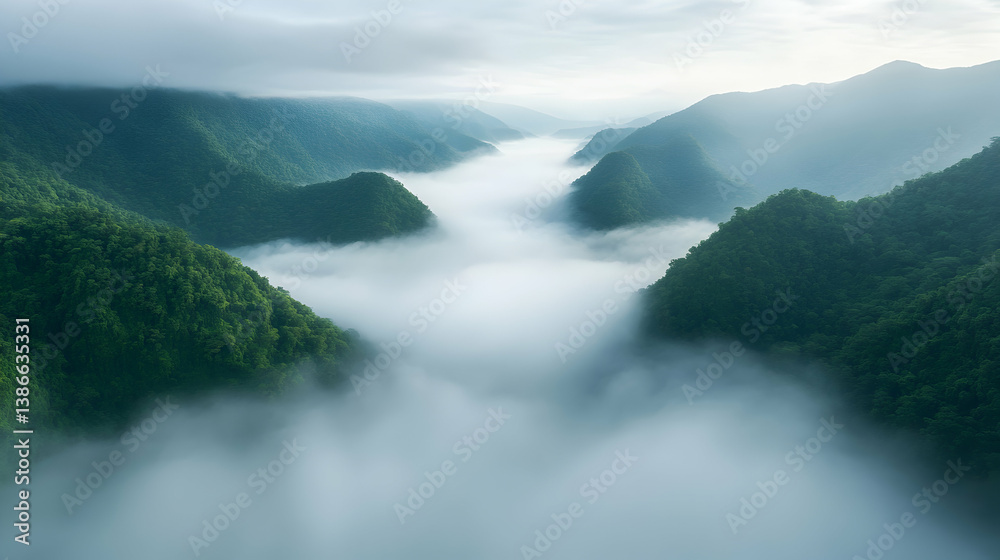 Obraz premium Aerial View of Lush Green Mountains Enveloped in Morning Fog