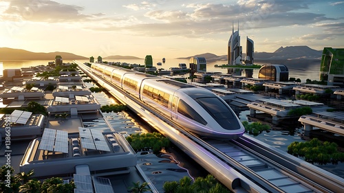 A futuristic high-speed train runs through a city built over water at dusk. Modern buildings and solar panels are visible.