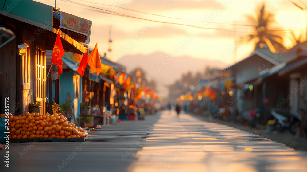 Obraz premium Warm Sunrise Over Coastal Village Street Scene