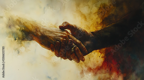 A dramatic composition of the prodigal son's trembling hand receiving a ring from his father, captured mid-motion, warm tones symbolizing grace and acceptanceHighly detailed, cinematic composition,