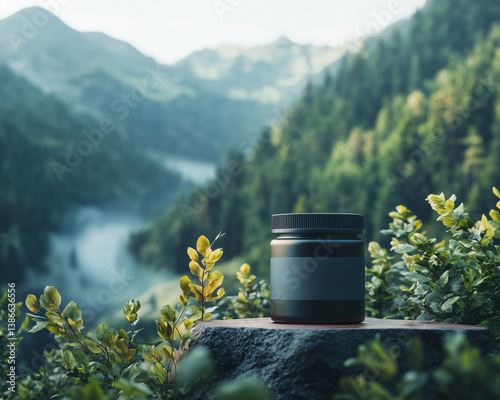 camera lens on rustic rock in scenic mountain landscape, product photography, personal health, candle or supplements in front of nature  