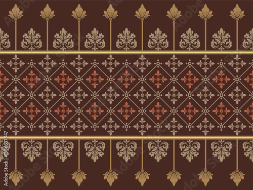 Damask batik fabric has luxurious patterns with delicate designs. The floral patterns are shades of beige, brown and red. It is an example of textile design that perfectly combines art and culture.