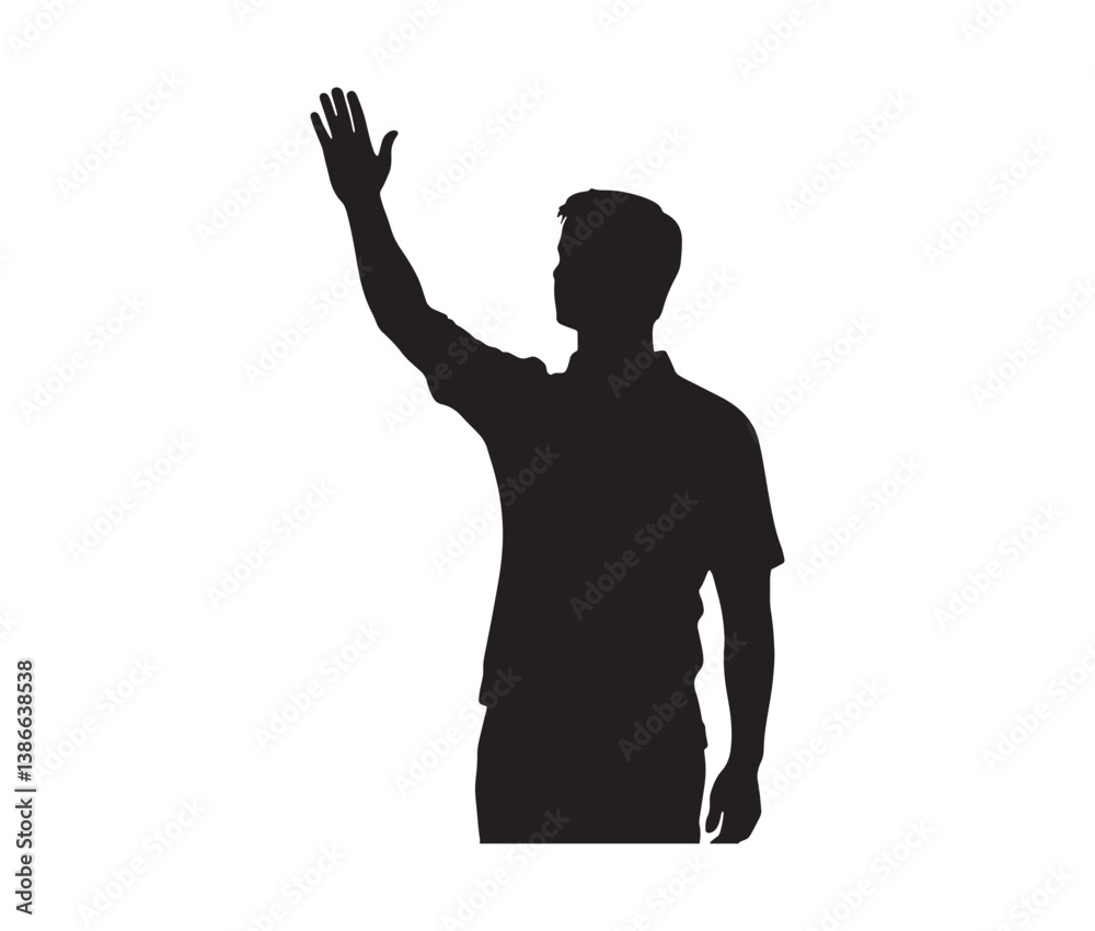 Male silhouette waving hand – vector pose design. Minimal standing man silhouette. Male silhouette waving hand – vector pose design. Minimal standing man silhouette.