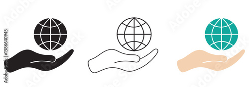 Two hands holding globe line icon for web, mobile and infographics. Vector dark grey icon isolated on light grey background. Eps 10