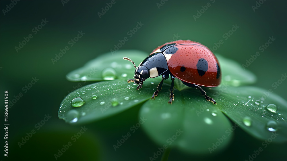 Fototapeta premium Ladybug on Clover Leaf with Dew Drops