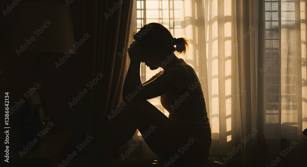 Silhouette of a Pensive Woman Sitting Near Window in Golden Light Expressing Sadness and Depression at Home Silhouette of a Pensive Woman Sitting Near Window in Golden Light Expressing Sadness and Depression at Home