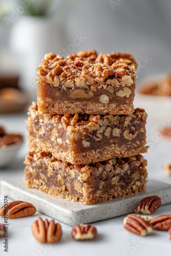 Realistic photography close-up Stacked pecan pie bars with crumbly crust and rich nutty filling on light background