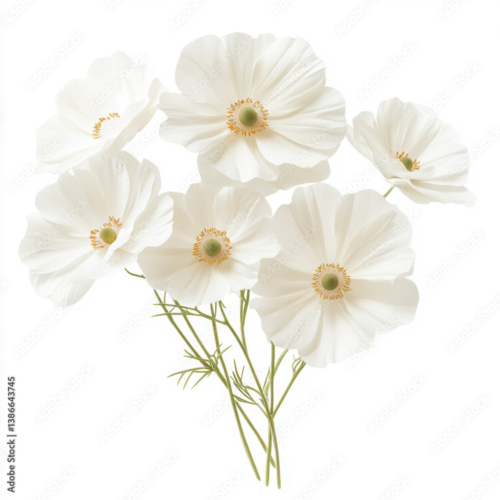 Obraz premium Beautiful white flowers with delicate green stems in full bloom on white background