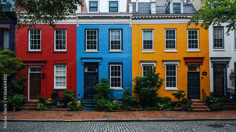 Naklejka premium Colorful row houses, city street, green plants, cobblestone
