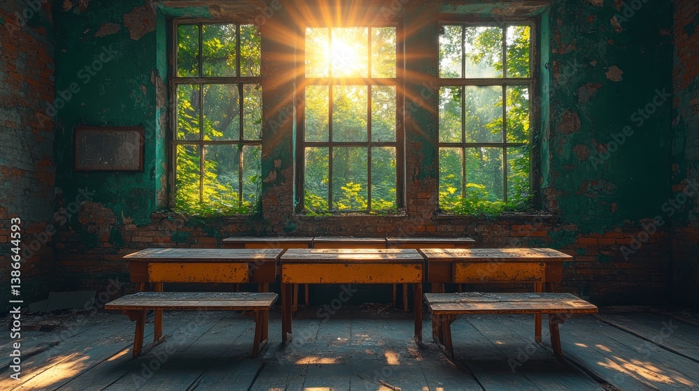 Fototapeta premium Sunlit Abandoned Classroom: A Nostalgic View of Time's Passage