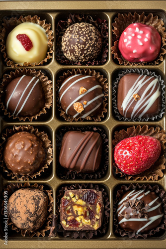 Realistic photography close-up close up of assorted gourmet chocolates in golden box, showcasing various textures and toppings